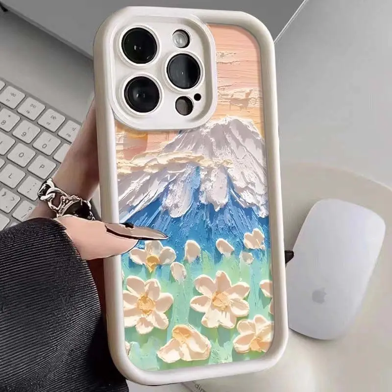

Oil painting with white flowers phone case for iPhone 16 15 14 13 12 11 Pro/ Max/Plus shock-proof rear cover anti-fingerprint