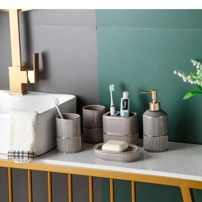 

Grey Ceramic Bathroom Kit Five Piece Soap Dispenser and Mouthwash Cup Set Modern Home Accessory Dish Wash