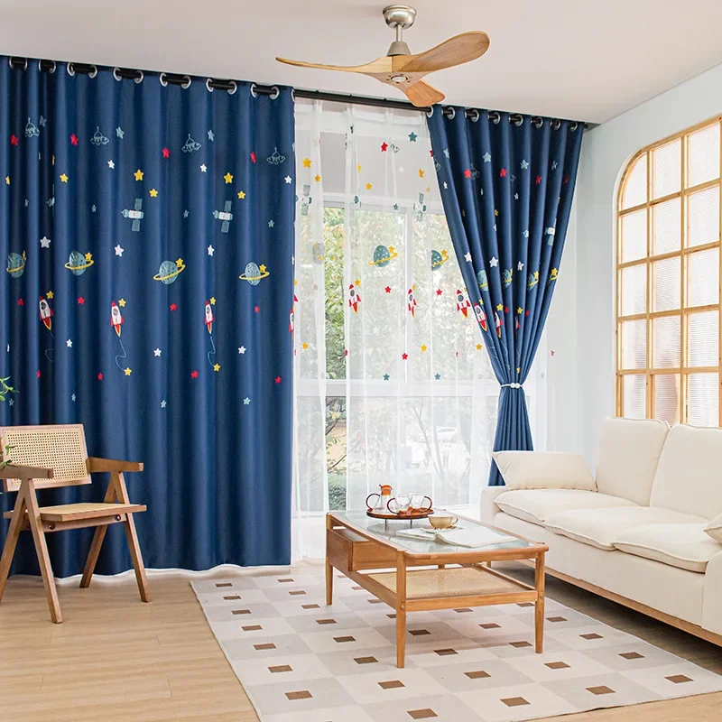Modern Cartoon Dark Blue Boys Kids Curtain for Bedroom Space Planet Rocket Embroidery Drape Shading 80% Window Treatment #E