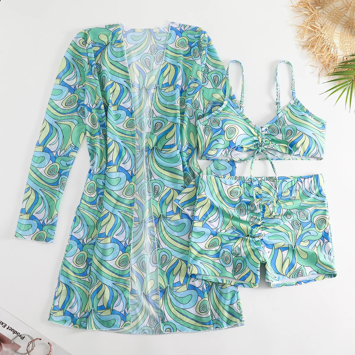 New Sexy Bandeau Push Up Bikini 3 Piece Swimsuit With Mesh Long Sleeve Cover Up Women Printed Swimwear Drawstring Bathing Suit