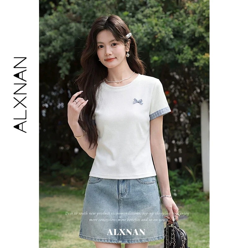 

ALXNAN Off-white T-shirt Women Summer Crew Neck Plaid Contrast Color Short Sleeve T-shirts Casual Loose-fit Tops Ladies L63970A