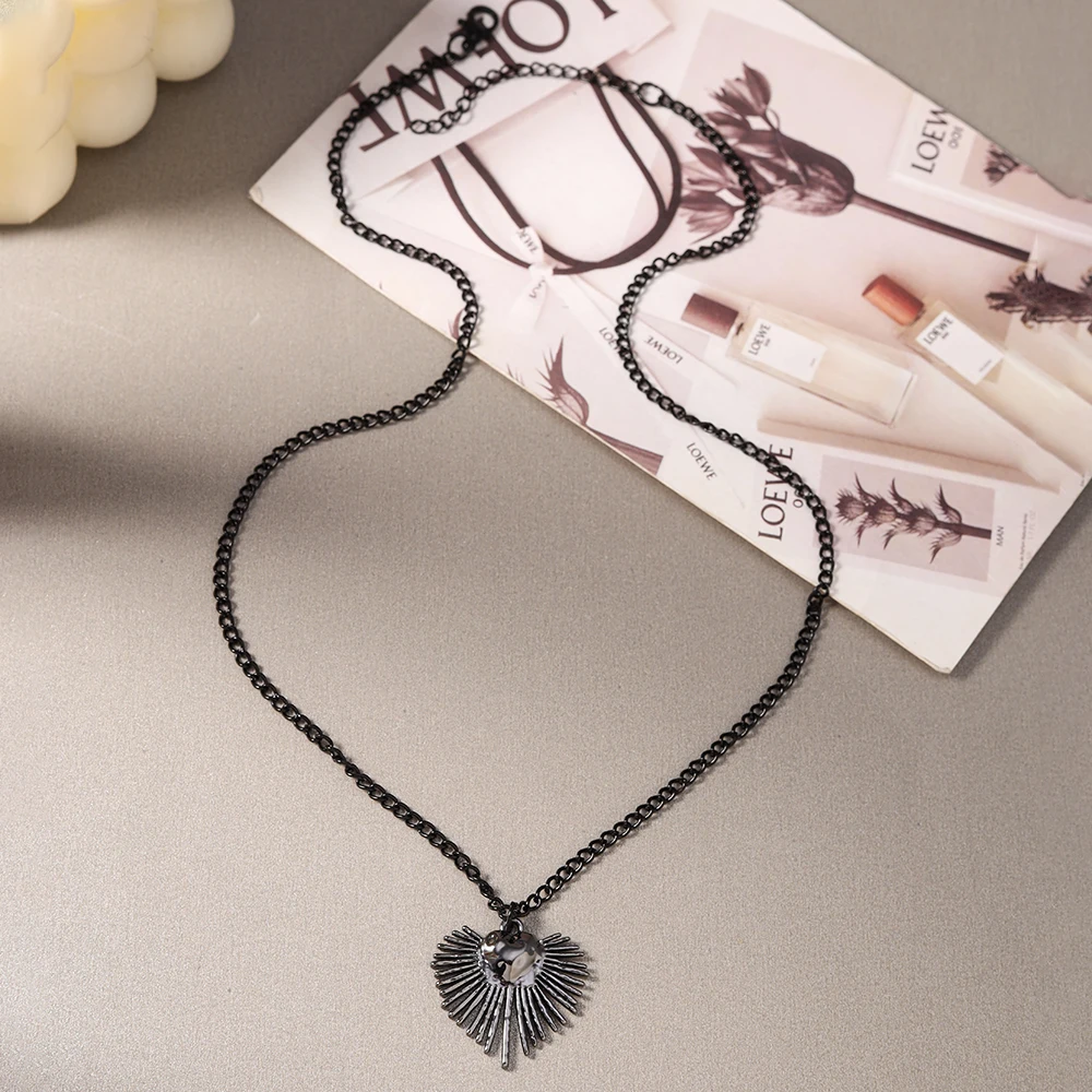 Aihua Hip-Hop-Halskette mit Herz-Sonnen-Stern-Anhänger in Gunmetal-Schwarz für Damen und Herren, Punk-Halskette mit schwarzem Seil, Choker, Halsschmuck, Geschenke – Detail 7