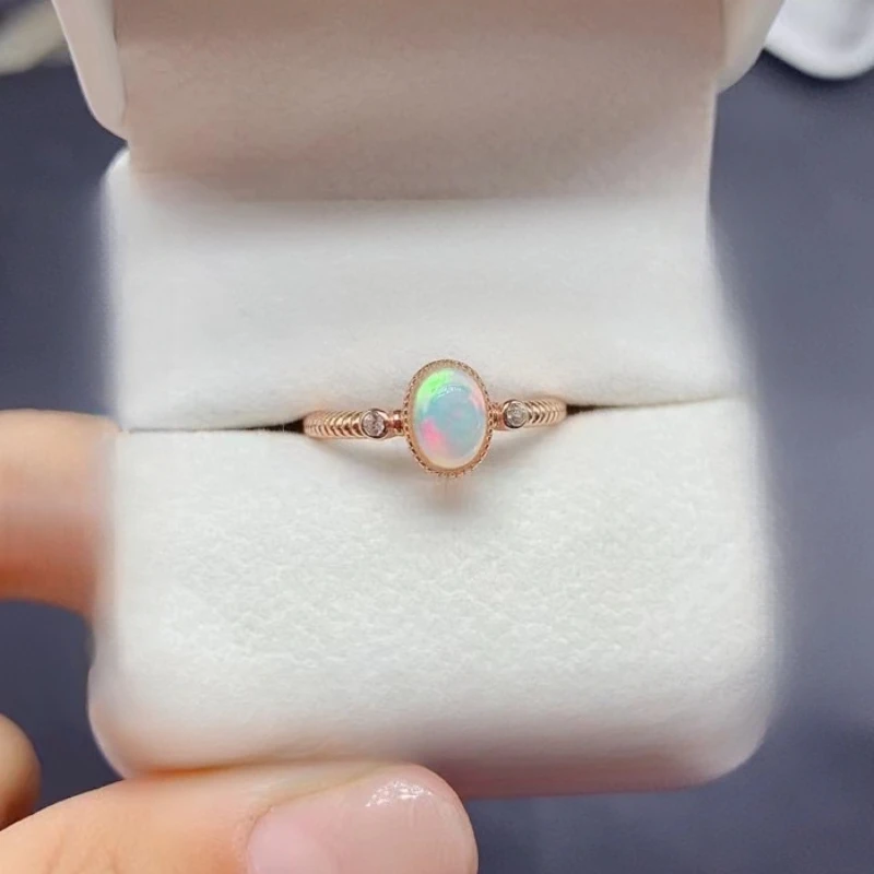 Natural Australian Opal Ring for Daily Wear 5mm*7mm Opal 925 Silver Ring with 18K Gold Plated Gift for Women