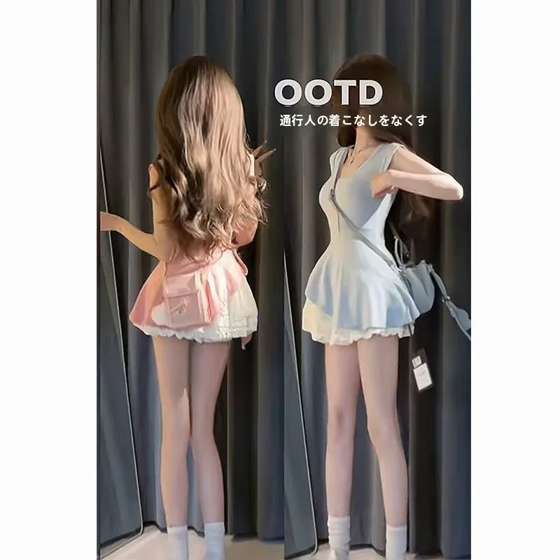 

Летний нежный сладкий корейский модный топ для похудения с застежкой талии и юбка из двух предметов, универсальный женский комплект...