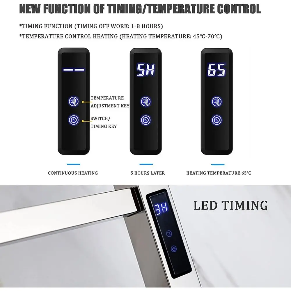 타이머가 있는 전기 타월 워머, 벽걸이형 10바 스마트 전기 타월 랙 스테인리스 스틸 가열 타월 레일 88W 저전력