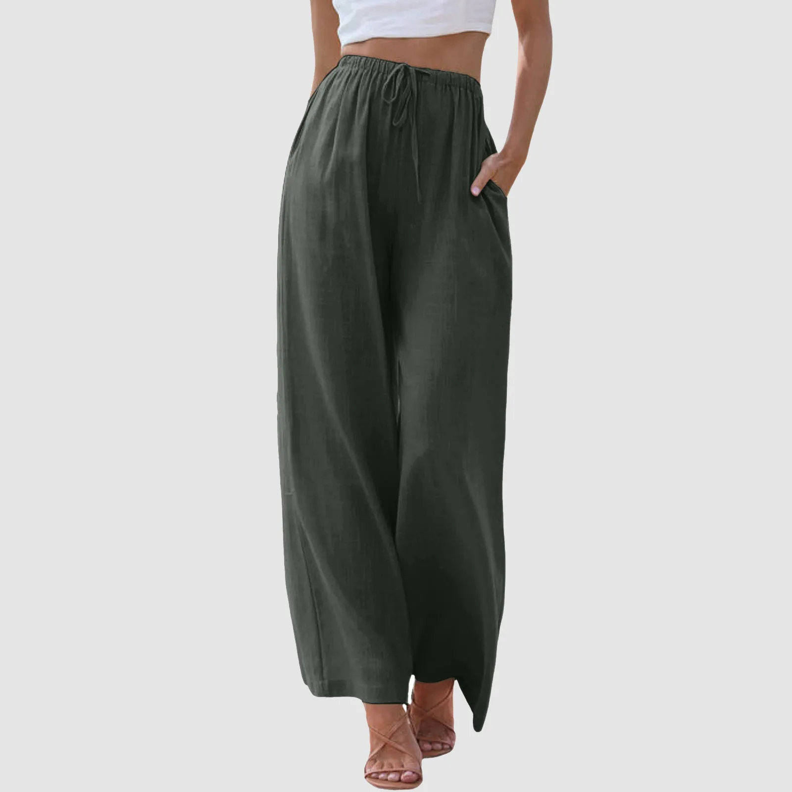 2024 Vintage Linen Elastic Waist Wide Leg Pants Women Long Trousers Summer Solid Color Casual Loose Pants Female Boho Clothes