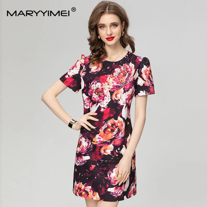 MARYYIMEI New Fashion Runway Designer Women's Round Neck Short Sleeve Vintage Temperament Camouflage Print MIDI Elegant Dress