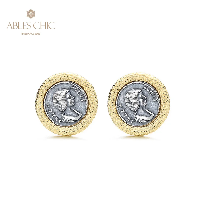 Greek Replica Silver Coins 18K Gold Two Tone Solid 925 Silver Roman Coin Stud Earrings E1055