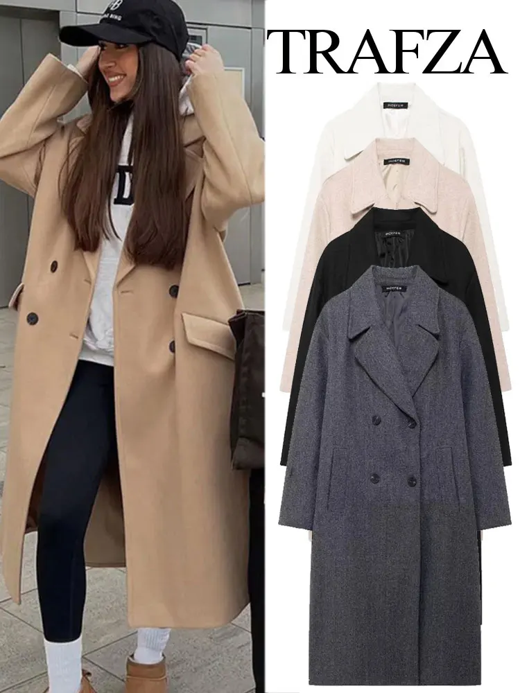 

TRAFZA Women Fashion Long Sleeve Lapel Pocket Double Breasted Decorate Coat Jacket Female Chic Solid Loose Slim Warm Overcoats