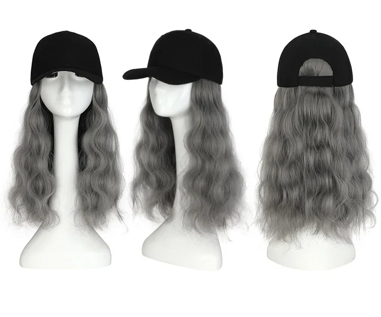 Baseball Cap with Hair Extensions for Women Adjustable Hat with Synthetic Wig Attached 24inch Long Wavy Hair Black Baseball Cap