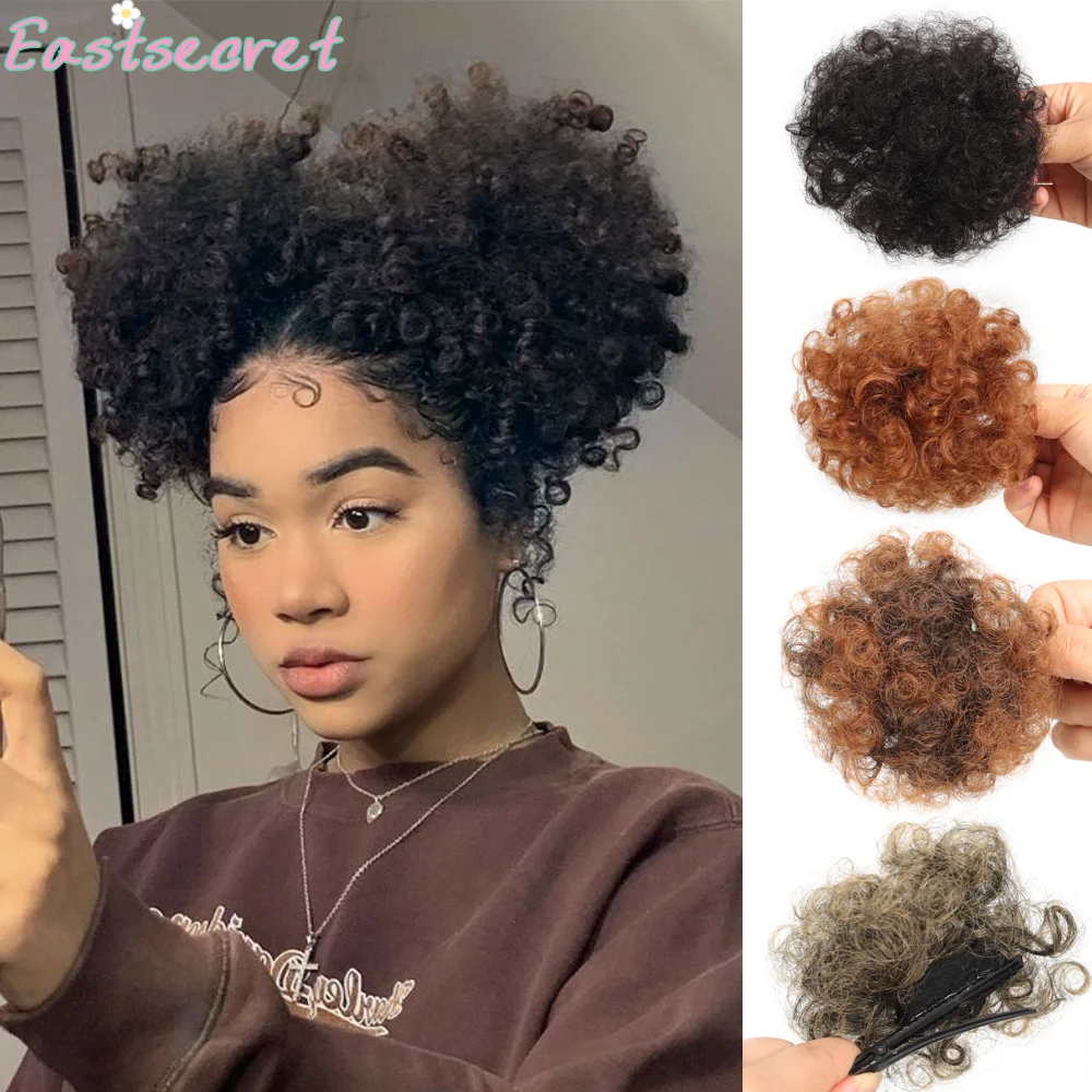 

Synthetic Afro Puff Hair Bun with Clips For Kids Short Kinky Bun for Little Girls Clip On Ponytail Extension Curly Hairpiece
