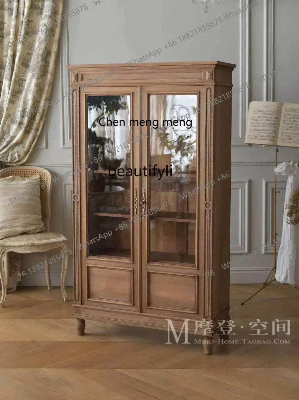 

X American solid wood bookcase bookshelf French retro old glass dining side wine cabinet oak storage display cabinet