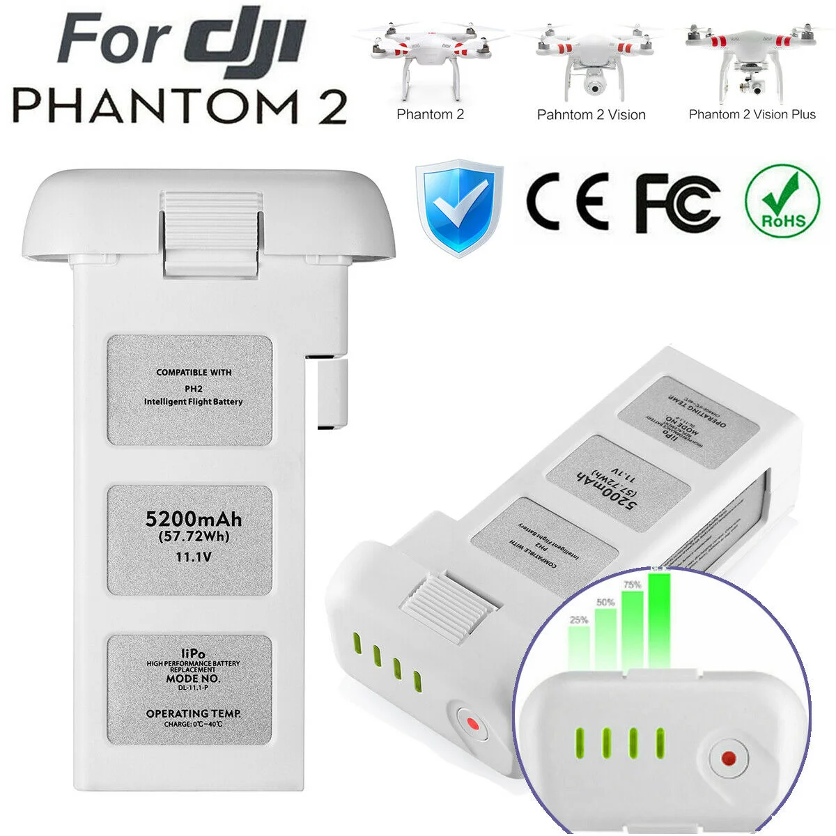 11.1v 5200mah Battery For Dji Phantom 2 Li-polymer Battery High Capacity Spare Battery Aircraft Batteries Drone Accessories