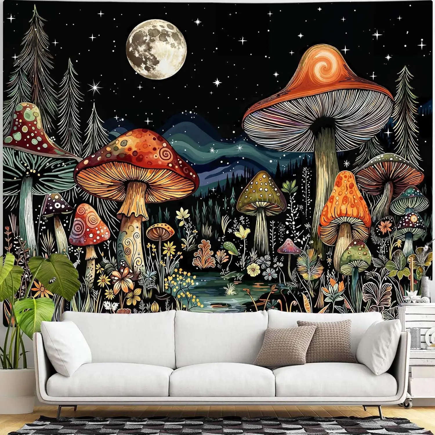 Vintage Mushroom Forest Tapestry Moon Night Floral Tapestries Wall Hanging Nature Plant Small Tapestry for Bedroom Living Room view 4