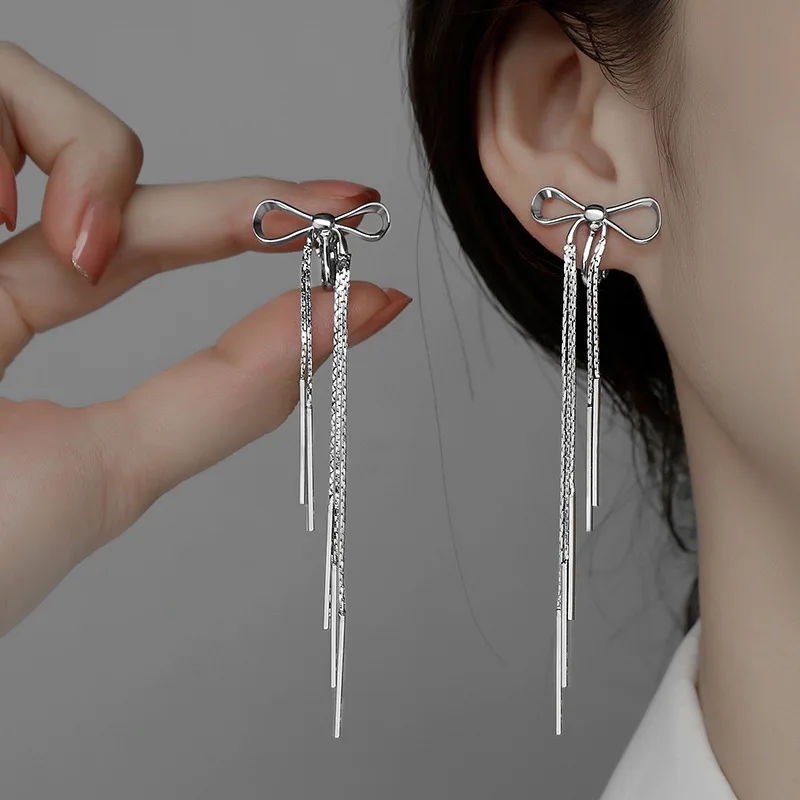 Flashbuy Vintage Bow knot Long Tassels Earrings For Women Statement Silver Color Earrings Fashion Jewelry