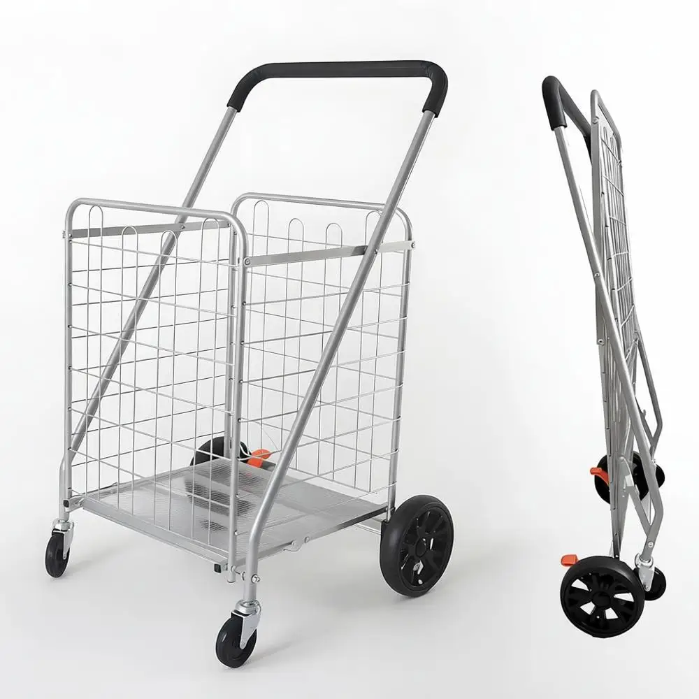

Collapsible Grocery Trolley, 360° Swivel Wheels, Removable Bag, Silver