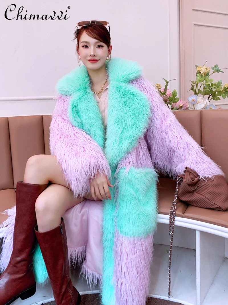 Cherry Blossom Light Green Environmental Fur High-End Fashion Loose Large Lapel Furry Coat Beach Wool Large Pocket Warm Coat