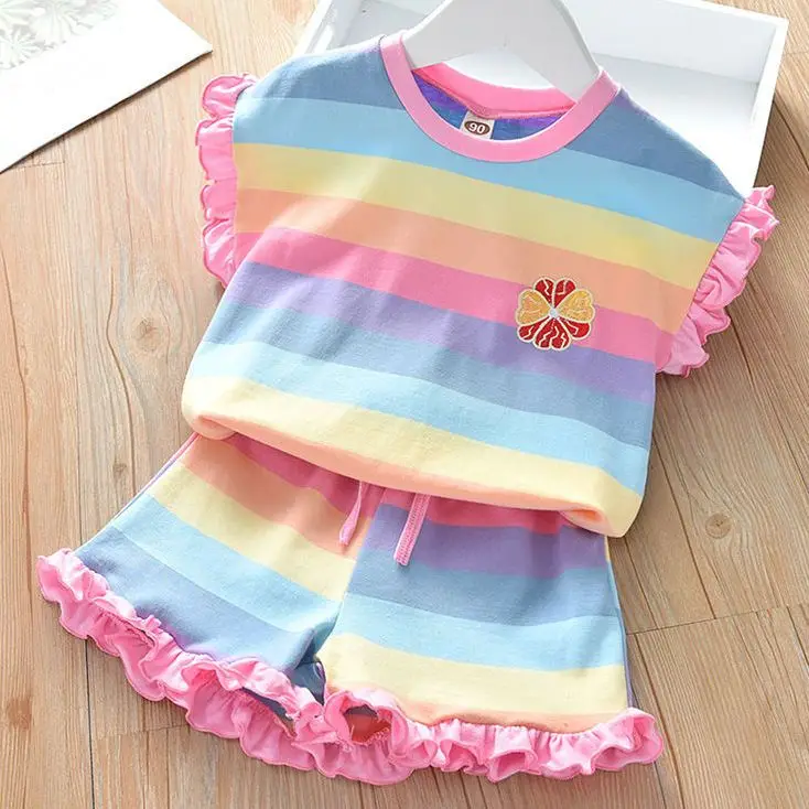 Children's Clothing Sets Floral Embroidery Short Sleeve Lace Top + Striped Printed Shorts 2pcs Sets Kids Clothes for Girls