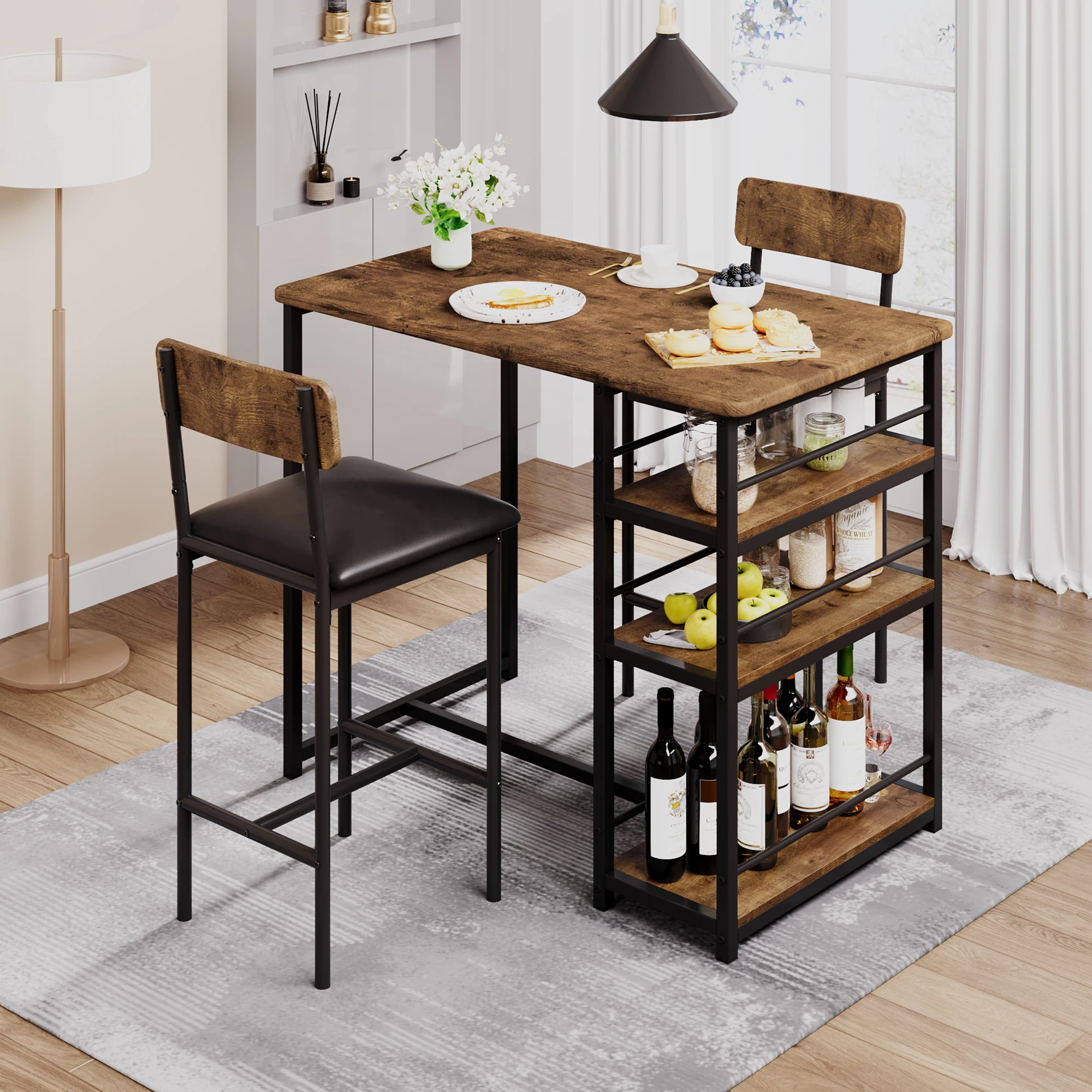 3 Piece Farmhouse Bar Table Set for 2, Space Saving Counter Height Dining Table with Storage Shelves & Upholstered Chairs, Dining Room Furniture for Breakfast Nook Kitchen