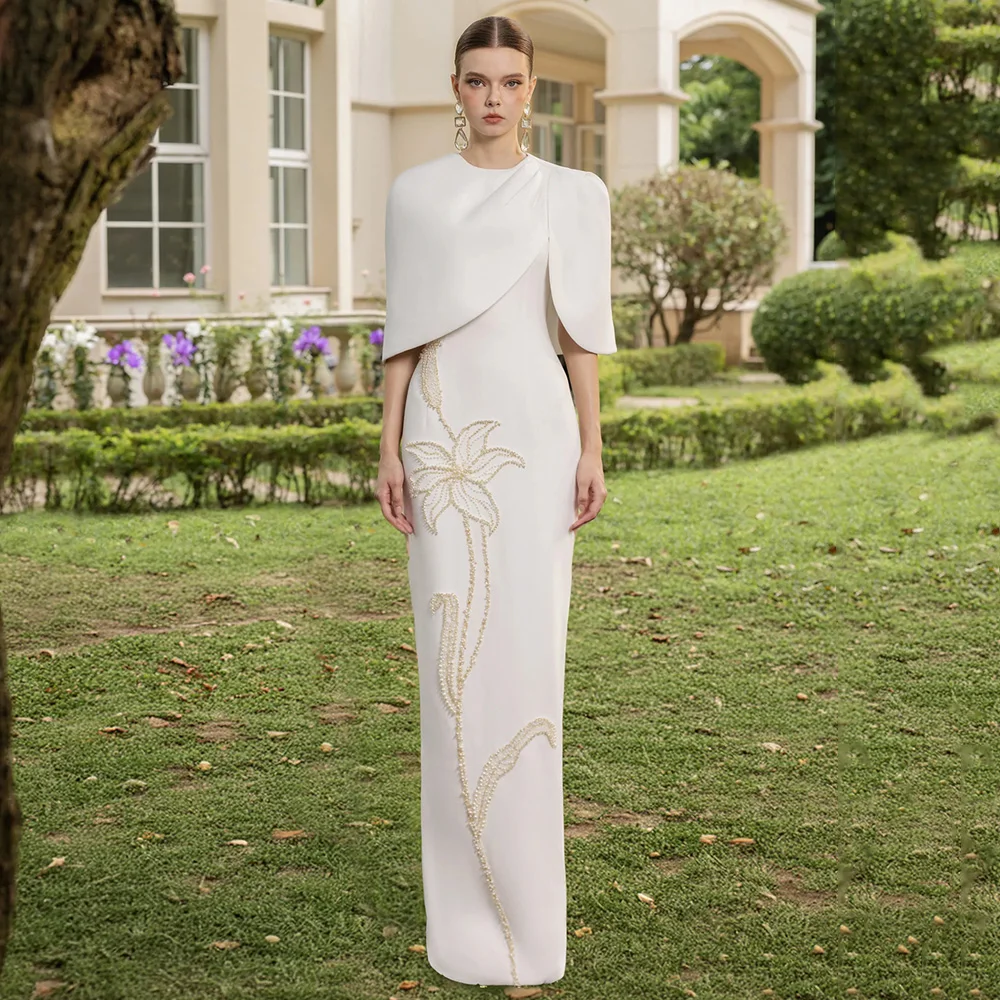 Elegant Ivory Evening Dress Customized Round Neck with Cape Pearls Beading Sequined Arabian Party Gown Saud Prom Dresses image 4