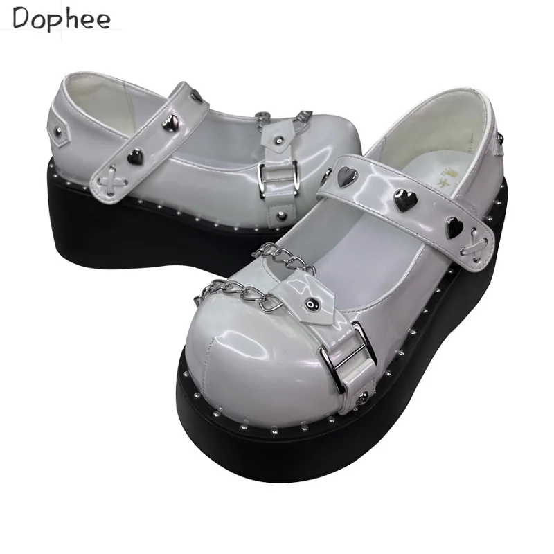 

Dophee Original Women's Platform Shoes Round Head Metal Love Chain Spice Girls Lolita Shoes Punk Style Students High Heels