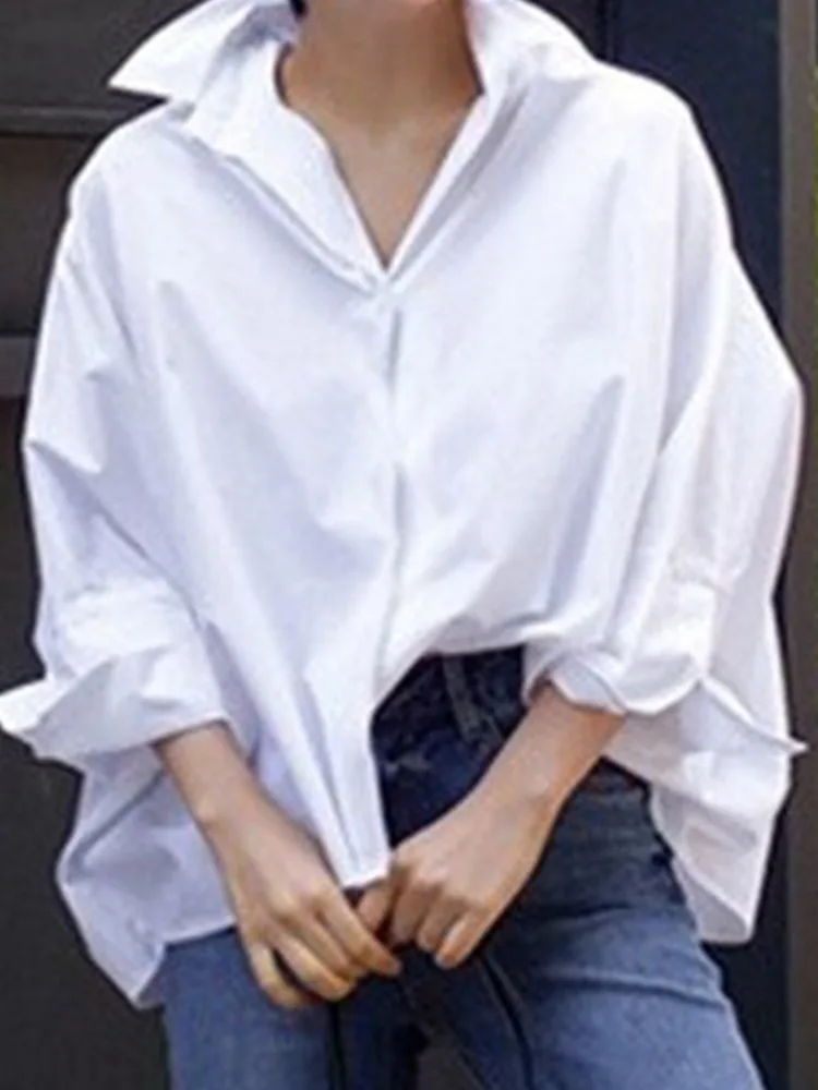 LANMREM Casual Shirt For Women Lapel Bat Sleeve Single Breasted Solid Color Loose Blouses Fashion 2024 New Clothing 2Z1705