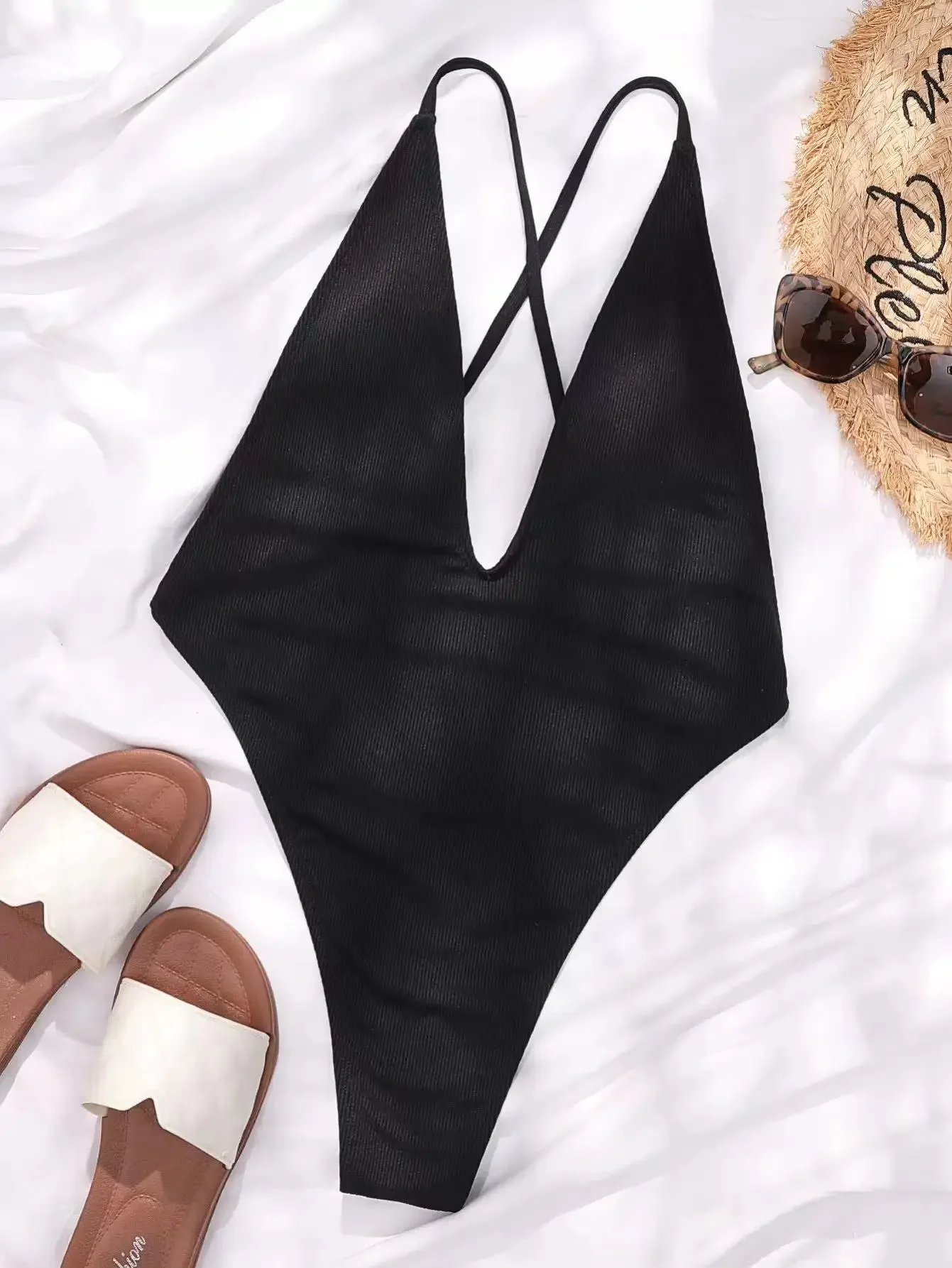 ผู้หญิงเซ็กซี่ลึก V คอ One Piece ชุดว่ายน้ําชุดว่ายน้ําผู้หญิง High CUT Backless บิกินี่ชุด Bikin Beachwear ชุดว่ายน้ํา