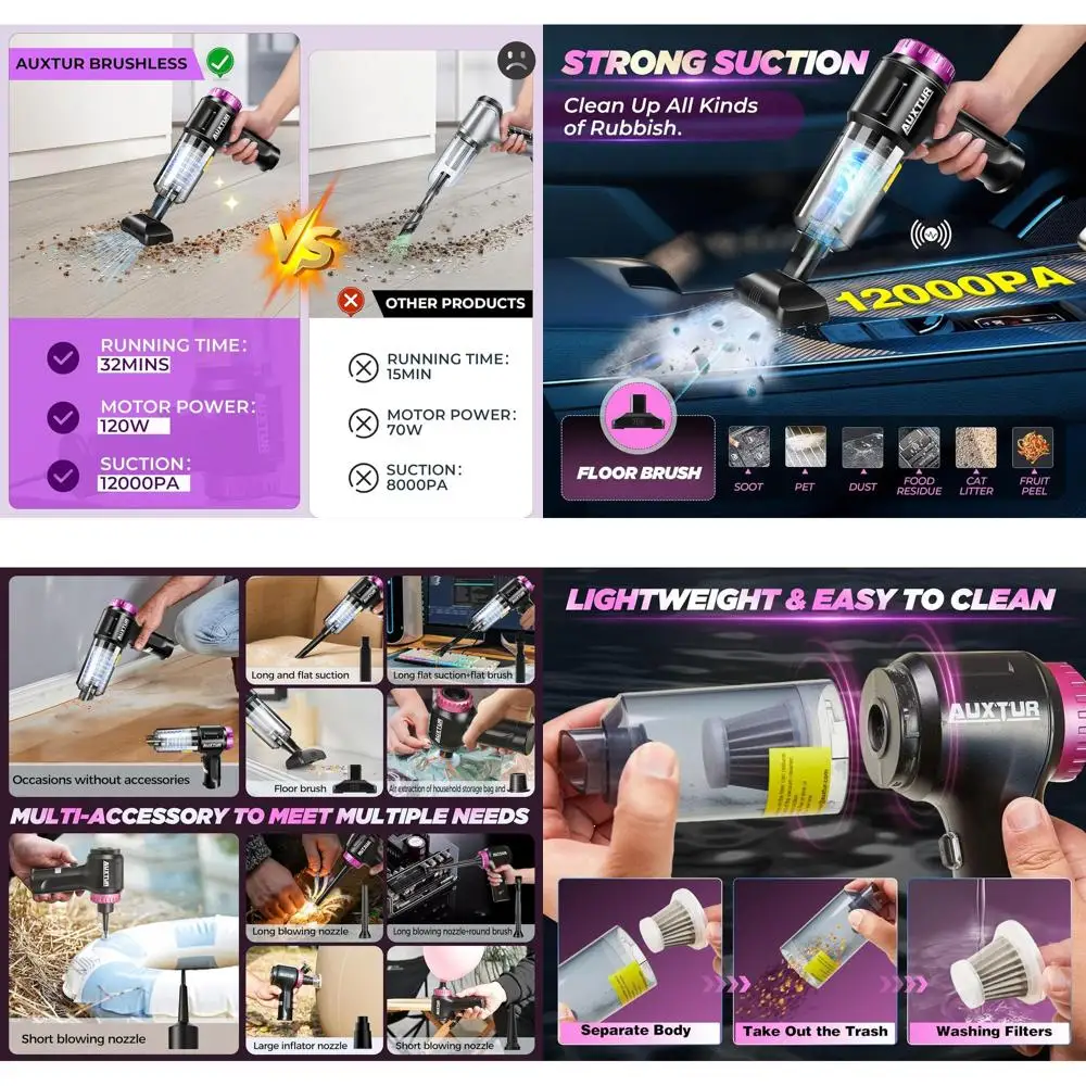 

Портативный беспроводной автомобильный пылесос 3-в-1 с мощностью всасывания 12000 Па и бесщеточным двигателем