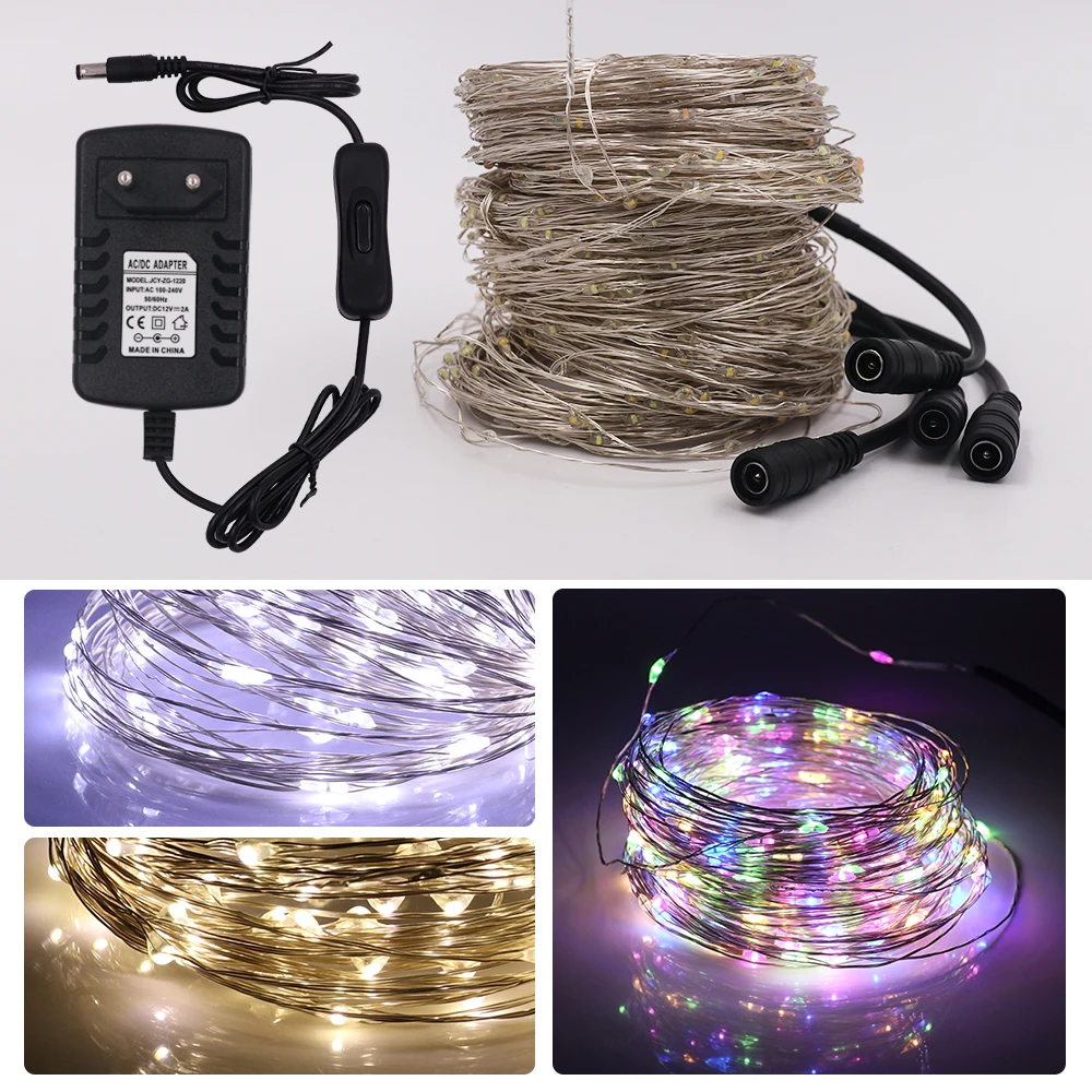 Luces Led de hadas para decoración de boda, cadena de alambre de plata de 12V, 10M, 20M, 30M, luz de Navidad, blanco cálido, RGB