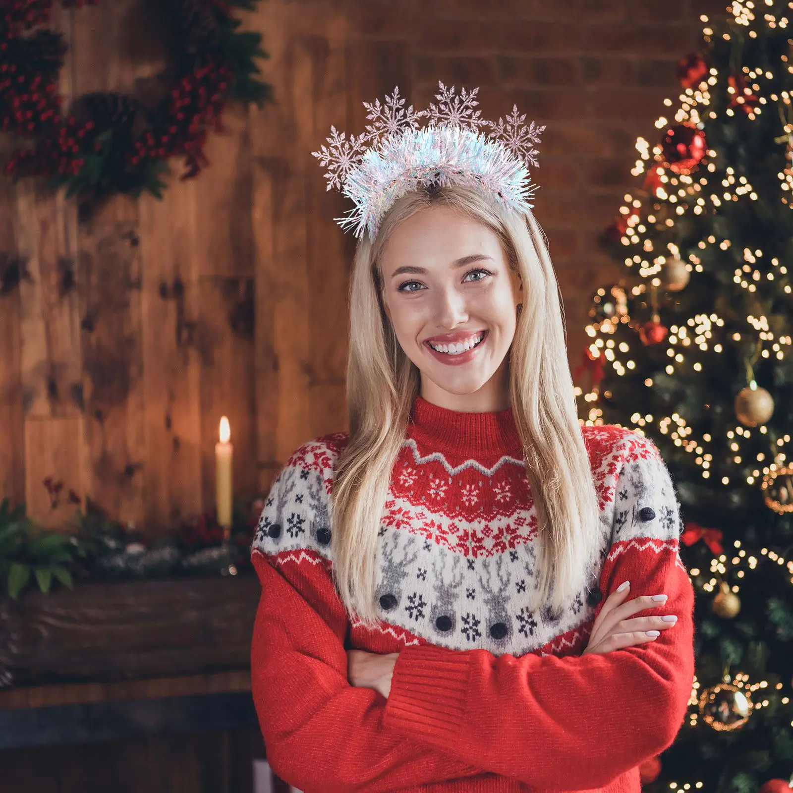 

2Pcs Christmas Snowflake Headband Felt Fabric Sparkling Glitter Design Comfortable Elastic Fit for Women Adults Party Cosplay