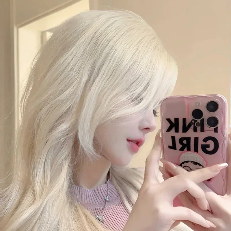 Platinum wig female front lace full head cover full real hair medium length straight hair curly hair can be dyed perm ball head