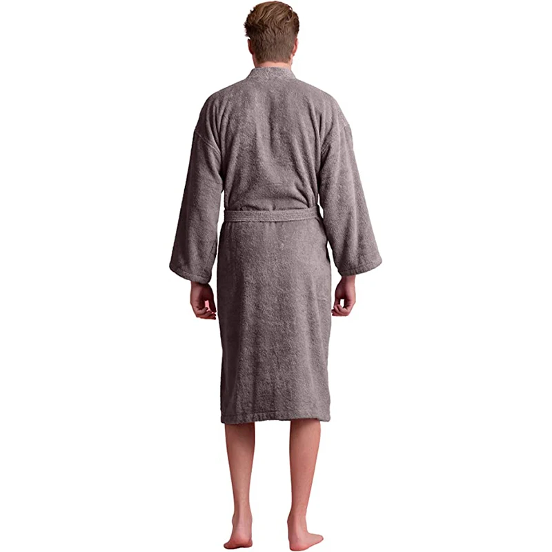 Absorb Water Men\'s Bathrobe Solid Long Sleeve Pockets Kimono With Sashes Terry Cotton Luxury Dressing Gown For Man 2024