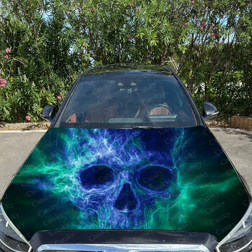 ملصق سيارة على شكل جمجمة زرقاء مع تصميم فني نسيجي كوانتوم نيون، يخلق غطاء سيارة مرئي غامض وقوطي علمي #4