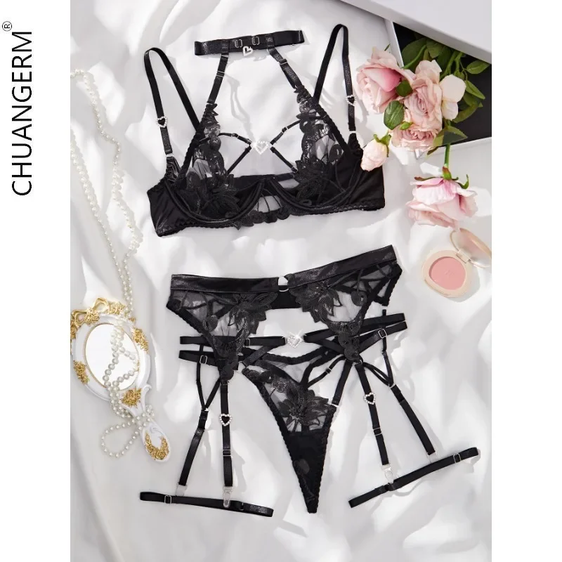 

CHUANGERM Lingerie Hot Bra Top Diamond Women's Underwear Sexy Halter Neck Embroidery Erotic Onlyfans Body Suit Four Piece Set