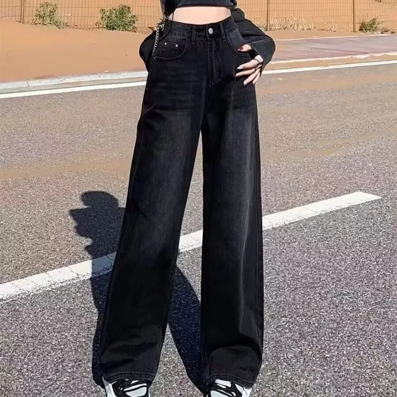 Women Y2K High Waist Black Washed Wide Leg Jeans Vintage Baggy Denim Pants Street Fashion