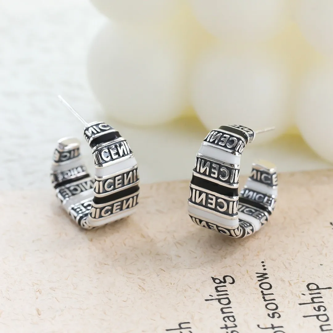 S925 pure silver ear nail with black and white letter leather wrapping  Circle earrings exaggerated earrings  Feminine