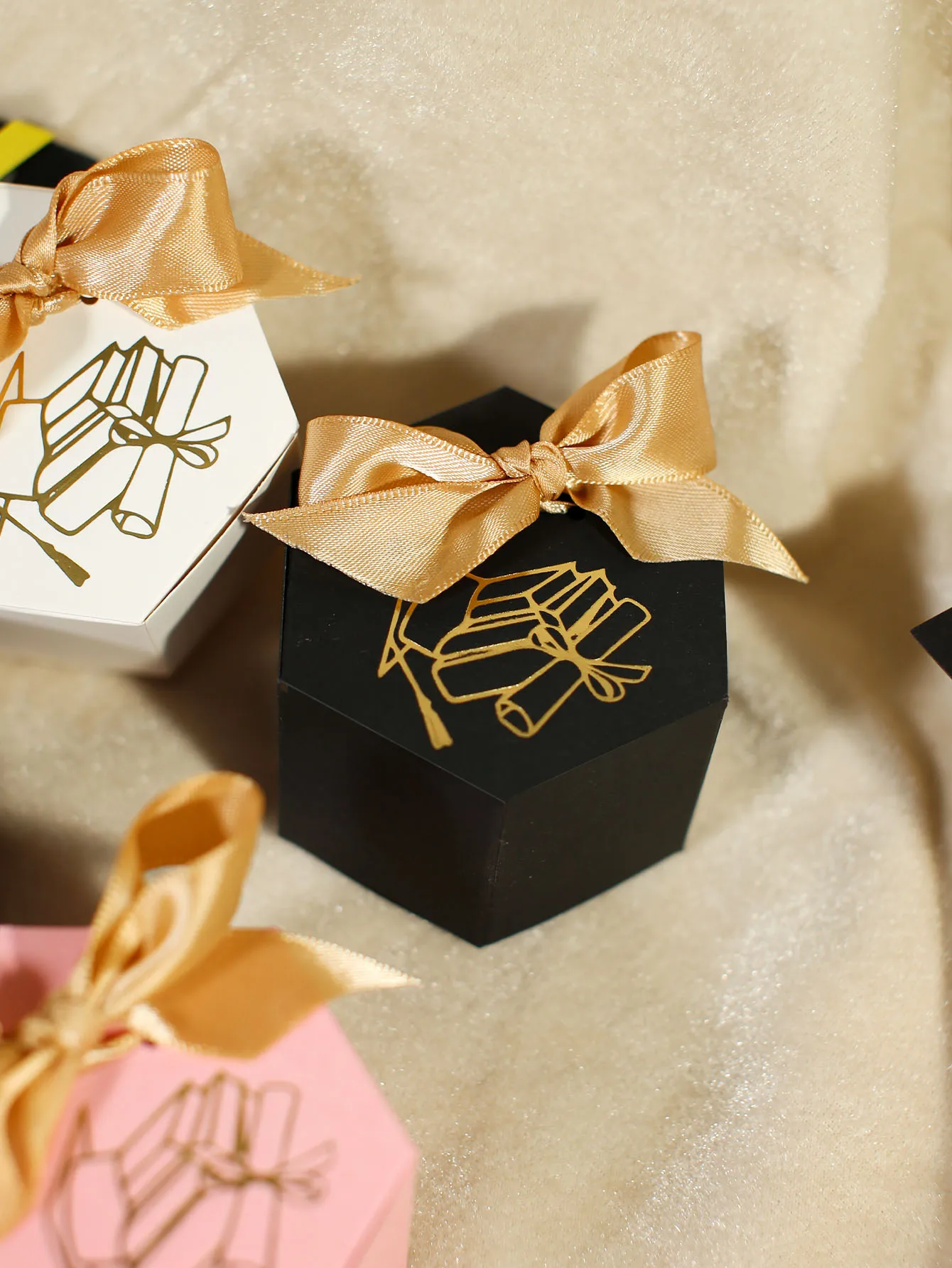 10pcs Graduation season parper candy box, multi-color hexagonal commemorative parper gift box, exquisite gold graduation hat view 2