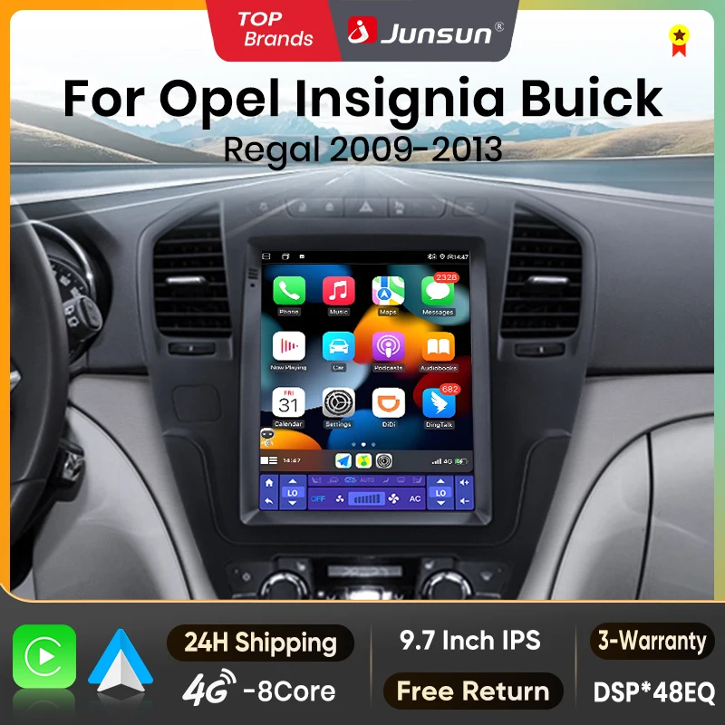 Junsun 9.7'' Autoradio Android style Tesla pour Opel Insignia Buick Regal 2009-2013, sans fil, pour Apple CarPlay, écran IPS, lecteur vidéo multimédia, systèmes intelligents automobiles, autoradio 2 Din, navigation GPS, BT 4G DSP RDS