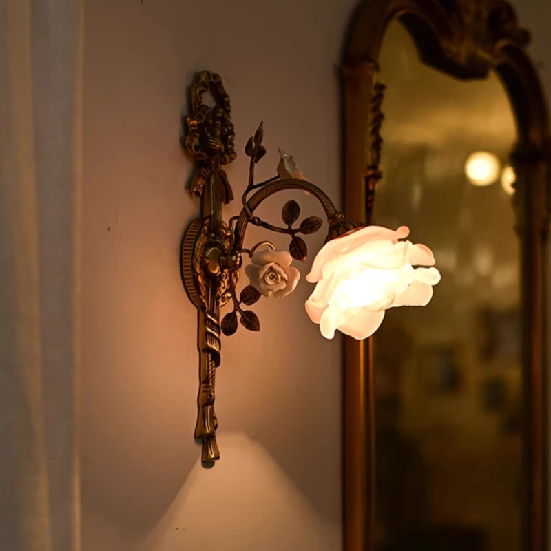 Brass LED Wall Light Corridor Bedroom Bedside Wall Lights Indoor French Retro Lighting Warm Lamp Room
