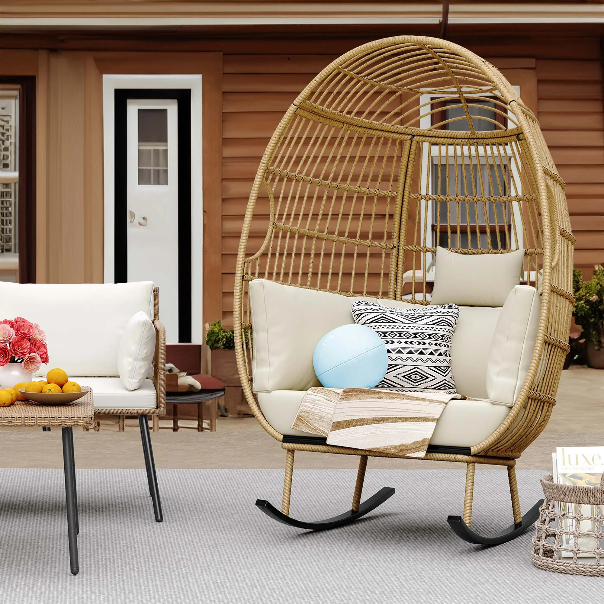 Outdoor Wicker Rocking Egg Chair Oversized Rocking Basket Chair Lounger Chair