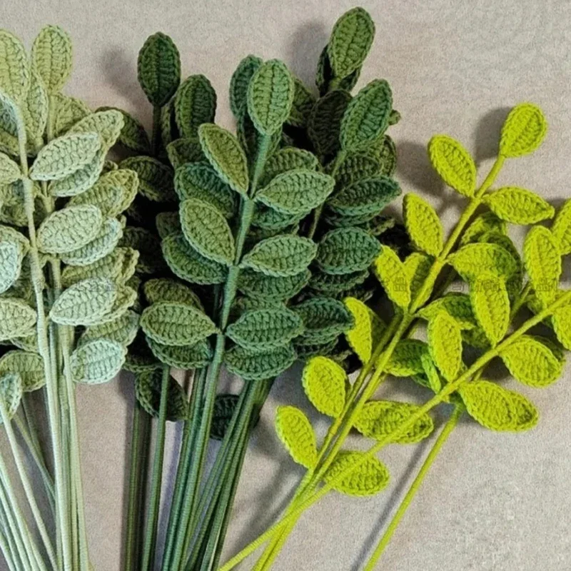 

5pcs Knitted Eucalyptus Leaves Bouquet Home Finished Handmade Crochet Knitting Flowers Artificial Homemade Plants Table Decor
