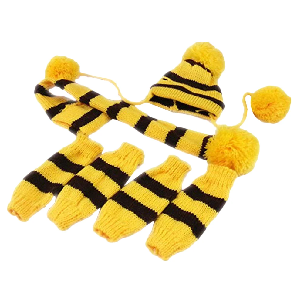 

1 set 1 Set Knitted Winter Dog Scarf Hat Set Warm Costume Pet Festival Stripe Clothes Accessories For Xs Size Yellow Brown