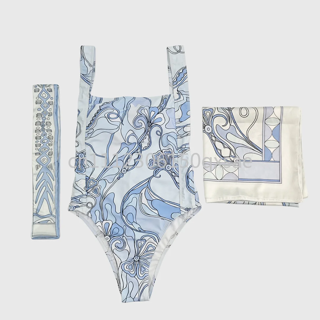Conjuntos de Biquíni Femininos de Luxo Azul Claro com Faixa de Cabelo e Lenço, com Logotipo de Letras de Designer, Moda Praia de Marca de Luxo