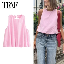 TRAF Pink Pleated Cropped Top Women's 2024 Summer Short Tank Vest Top Ladies Fashion Casual Backless Butterfly Lace-Up Tops