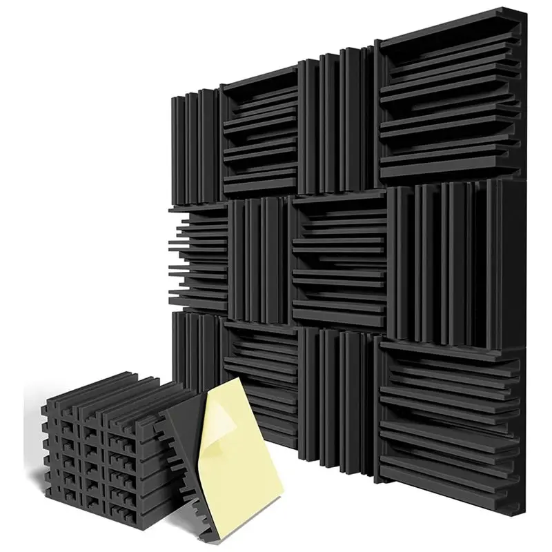 A67P-12 Pack Self-Adhesive Sound Proof Foam Panels 12X12x2inch Acoustic Foam High Resilience Sound Proofing Padding Black