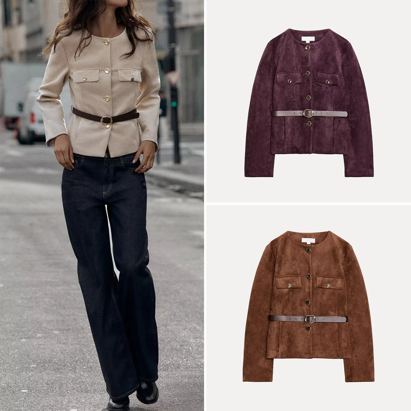 Faionable Costume Texture Velours Jaet avec Ceinture pour Femme Z Or Vêtements d'extérieur Européens Sle Long Sve rond Ne Butto...