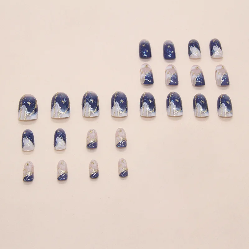 24pcs Smudging Blue False Nails Gentle Almond Gold Star Patterns Press On Nails Romantic Wearable Fake Nail Spicy Girl Manicure