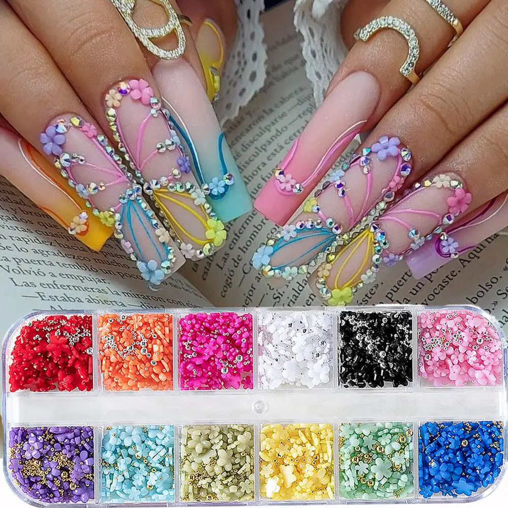 12Grids 3D Five-Petals Flower Nail Charms with Gold Silver Caviar Beads Acrylic Flowers Nails Decorations Floral Manicure Parts