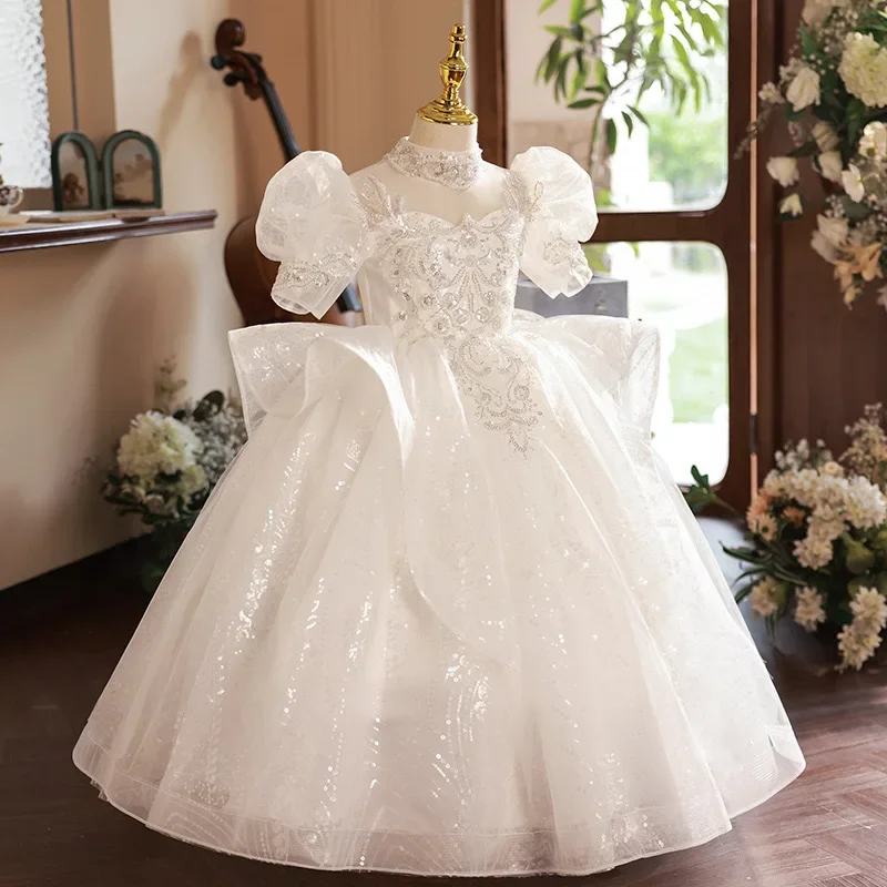 Girl Wedding Dress White Tulle Birthday Ceremony Pearls Lace Girls Party Dress 3 To 14 Years Flower Girl Dresses For Wedding