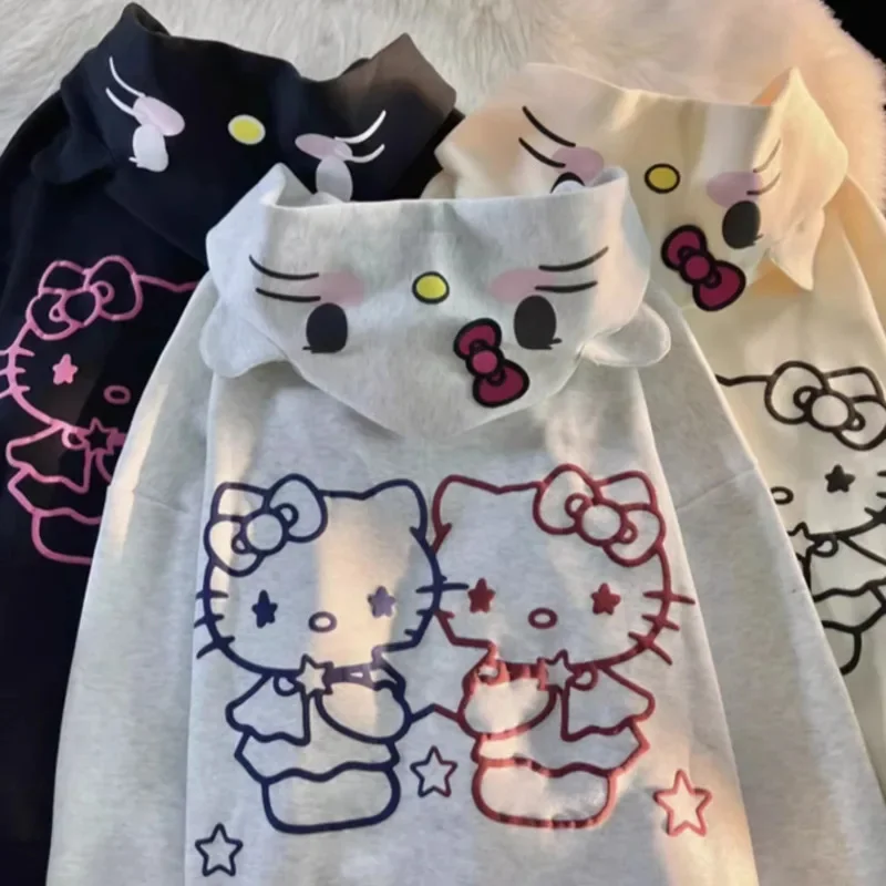 Kawaii Hello Kitty Y2k Solid Plush Coats Sanrio Print Hooded Sweatshirt Cute Cartoon Coats For Women Casual Loose Jackets